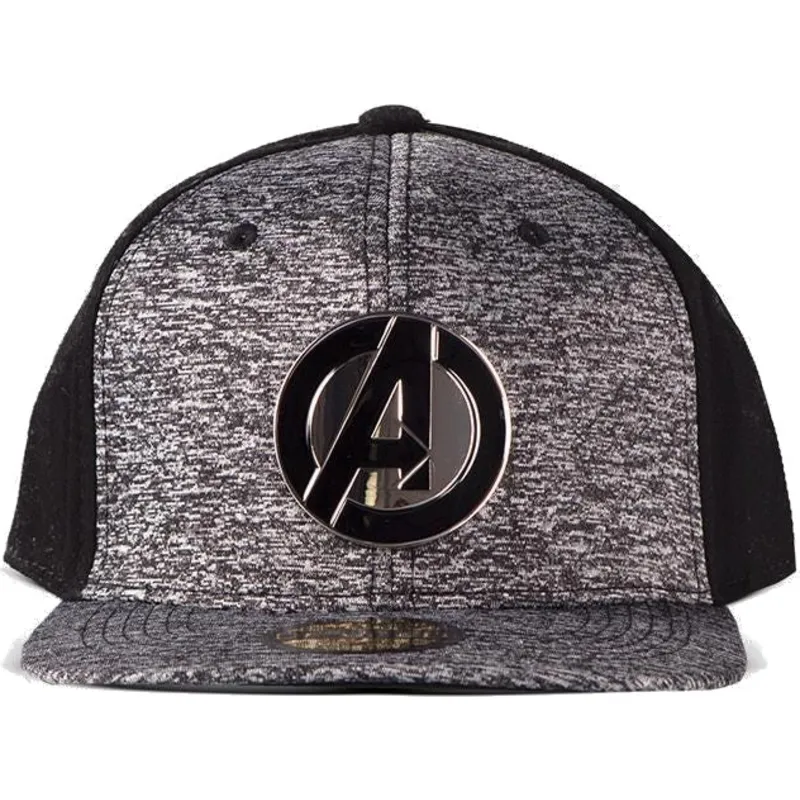 gra-och-svart-platt-snapback-keps-metal-avengers-logo-marvel-comics-fran-difuzed