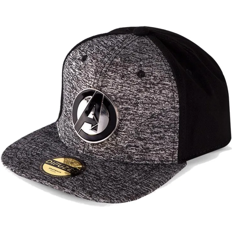 gra-och-svart-platt-snapback-keps-metal-avengers-logo-marvel-comics-fran-difuzed