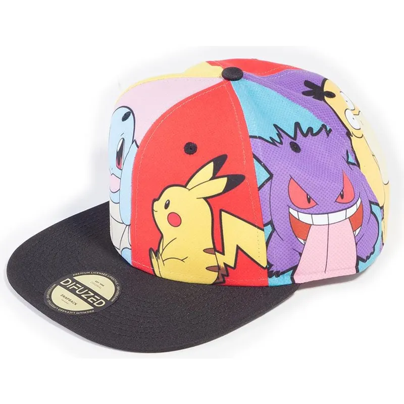 flerfargad-platt-snapback-keps-pikachu-squirtle-gengar-psyduck-jigglypuff-multi-pop-art-pokemon-fran-difuzed