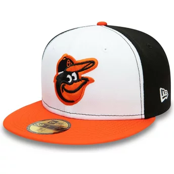 New Era Flat Brim 59FIFTY Authentic On Field Baltimore Orioles MLB White, Black and Orange Fitted Cap