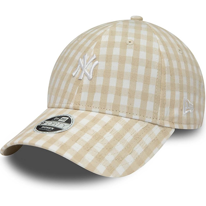 new-era-curved-brim-women-9forty-gingham-new-york-yankees-mlb-beige-adjustable-cap
