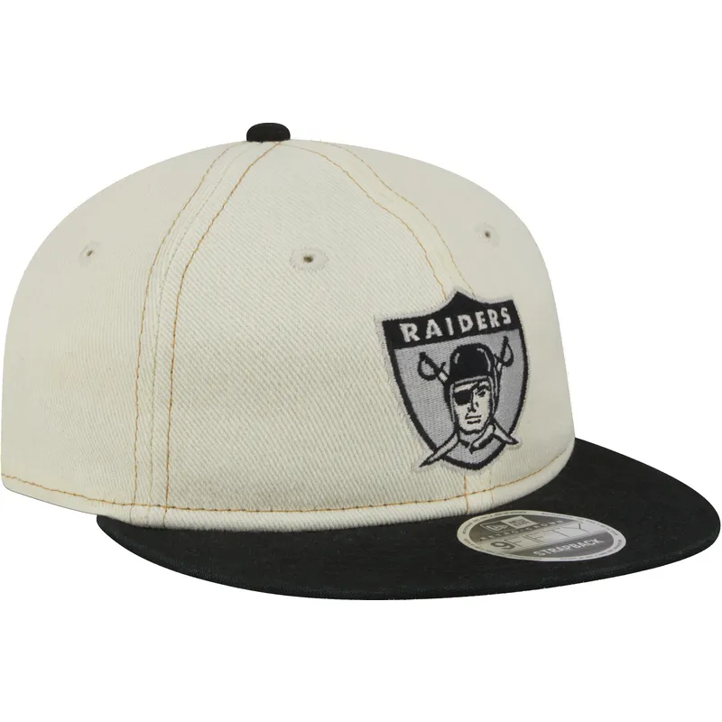beige-och-svart-justerbar-platt-keps-9fifty-retro-crown-denim-fran-oakland-raiders-nfl-av-new-era