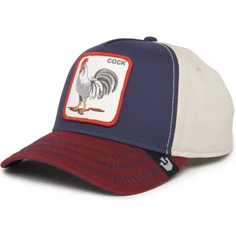 snapbackkeps-marinbla-beige-och-rod-med-bojd-skarm-gallo-cock-all-american-rooster-100-the-farm-all-over-canvas-fran-goorin-bros