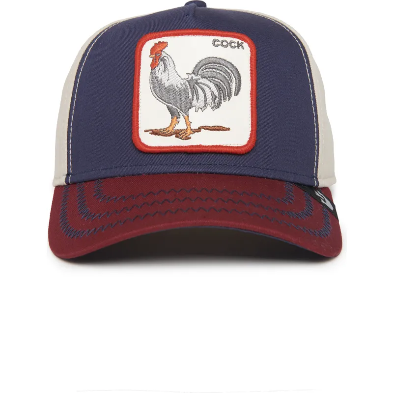 marinbla-beige-och-rod-kurvad-snapback-keps-tupp-cock-all-american-rooster-100-the-farm-all-over-canvas-fran-goorin-bros