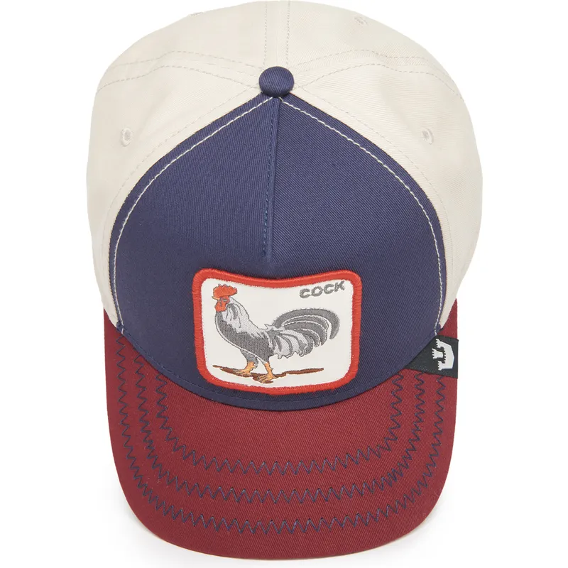 marinbla-beige-och-rod-kurvad-snapback-keps-tupp-cock-all-american-rooster-100-the-farm-all-over-canvas-fran-goorin-bros