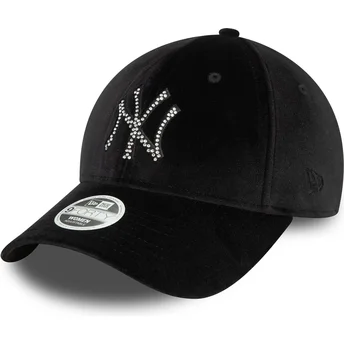New Era New York Yankees MLB 9FORTY Velour Diamante justerbar svart böjd keps för kvinnor