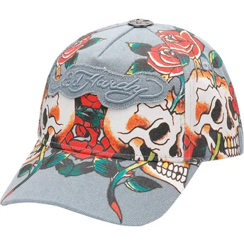 Justerbar blå kurvad keps Skull Rose Denim från Ed Hardy