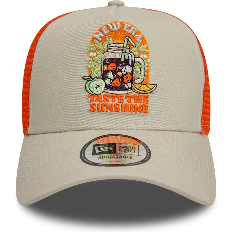 beige-och-orange-truckerkeps-9forty-a-frame-summer-patch-fran-taste-the-sunshine-av-new-era