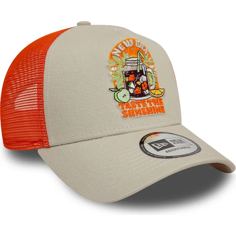 beige-och-orange-truckerkeps-9forty-a-frame-summer-patch-fran-taste-the-sunshine-av-new-era