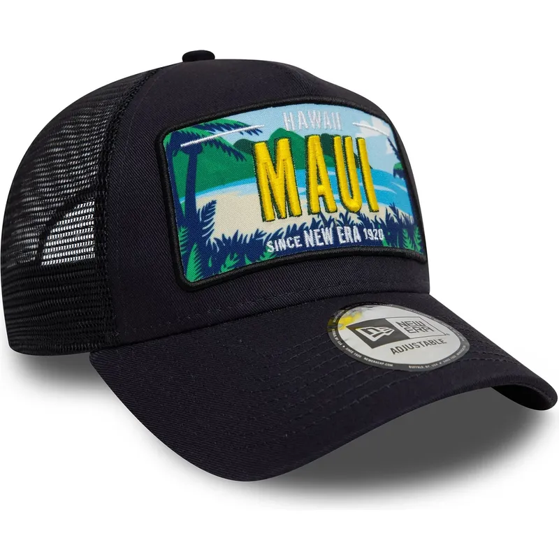 morkbla-trucker-keps-9forty-a-frame-license-plate-fran-maui-stader-och-strander-fran-new-era