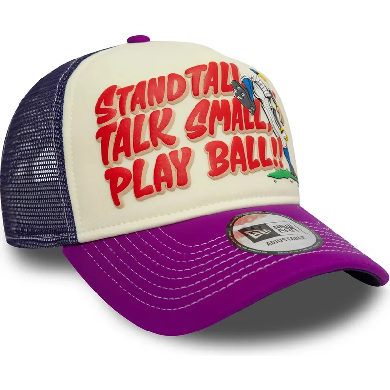 beige-och-lila-trucker-keps-9forty-a-frame-graphic-stand-tall-talk-small-play-ball-fran-new-era