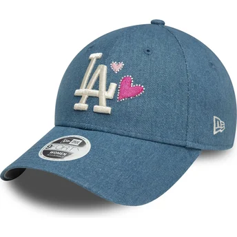 Justerbar blå böjd keps för kvinnor 9FORTY Denim Icon Heart från Los Angeles Dodgers MLB av New Era