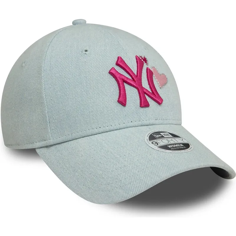 ljusbla-justerbar-kurvad-keps-for-dam-med-rosa-logotyp-9forty-denim-icon-heart-fran-new-york-yankees-mlb-av-new-era