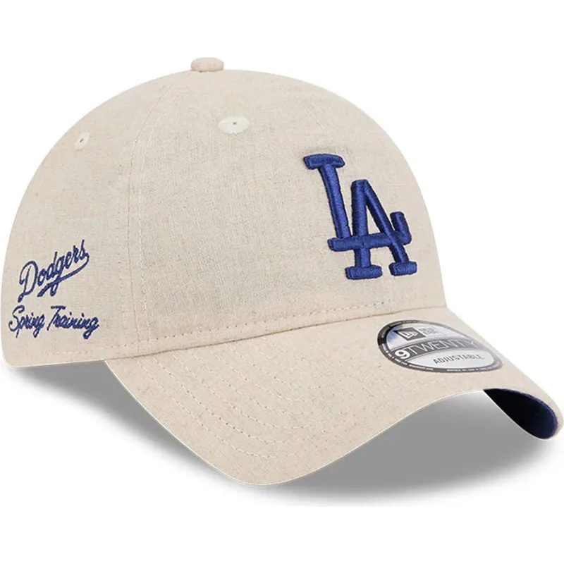 bojd-beige-justerbar-keps-med-bla-logotyp-9twenty-linen-spring-training-fan-pack-2025-fran-los-angeles-dodgers-mlb-av-new-era