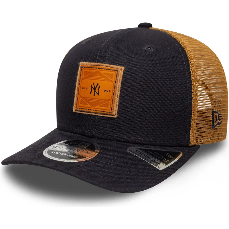 new-york-yankees-mlb-new-era-9seventy-stretch-snap-djuppraglad-logotyp-marinbla-och-brun-truckerkeps