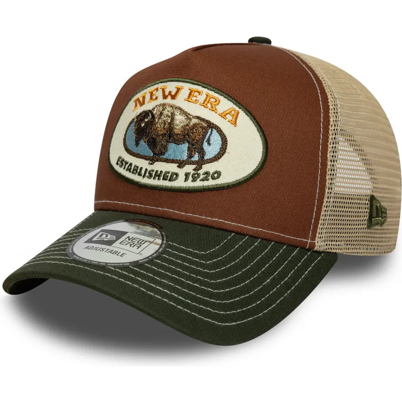 brun-och-gron-trucker-keps-a-frame-animal-patch-med-buffel-fran-new-era