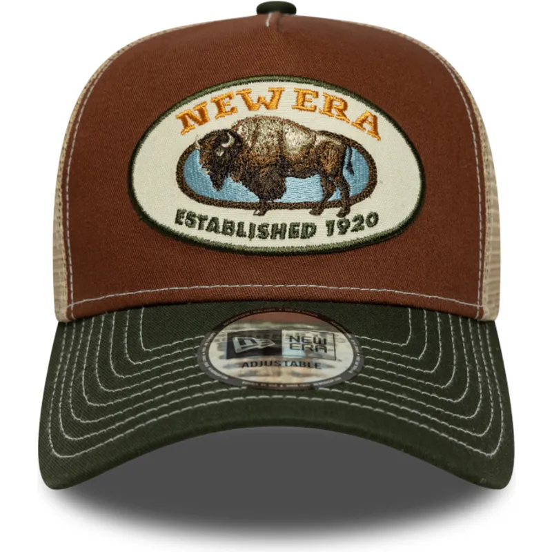 brun-och-gron-trucker-keps-a-frame-animal-patch-med-buffel-fran-new-era