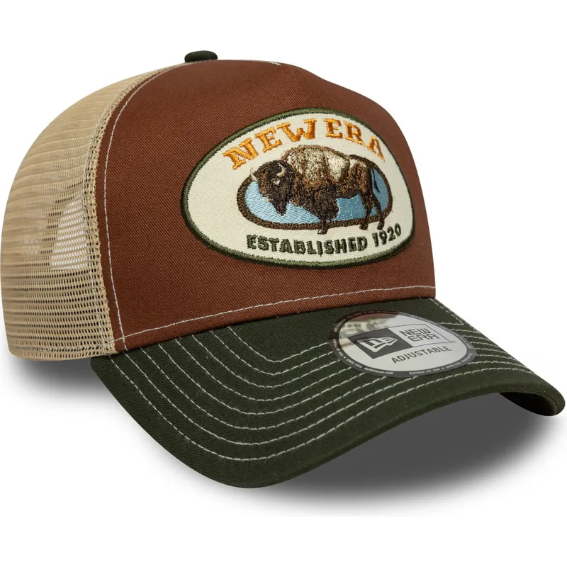 brun-och-gron-trucker-keps-a-frame-animal-patch-med-buffel-fran-new-era