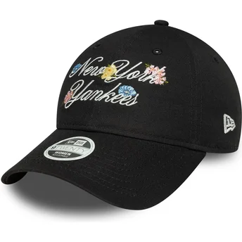 New Era New York Yankees MLB 9FORTY Floral Script justerbar svart kurvkeps för kvinnor