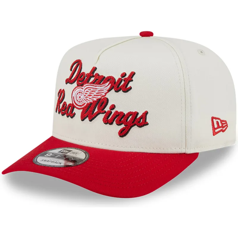 beige-och-rod-kurvad-keps-snapback-9fifty-a-frame-chainstitch-fran-detroit-red-wings-nhl-av-new-era