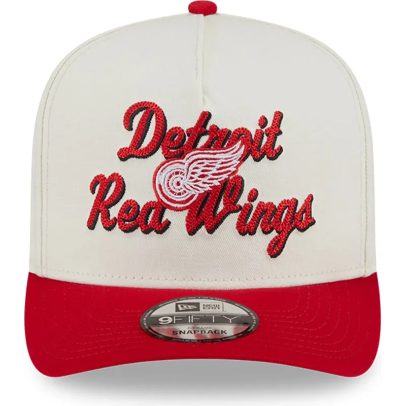 beige-och-rod-kurvad-keps-snapback-9fifty-a-frame-chainstitch-fran-detroit-red-wings-nhl-av-new-era