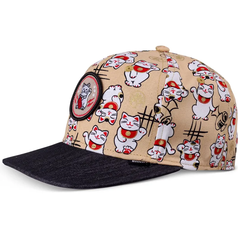 platt-keps-beige-och-svart-snapback-for-barn-lucky-cat-linen-fran-djinns