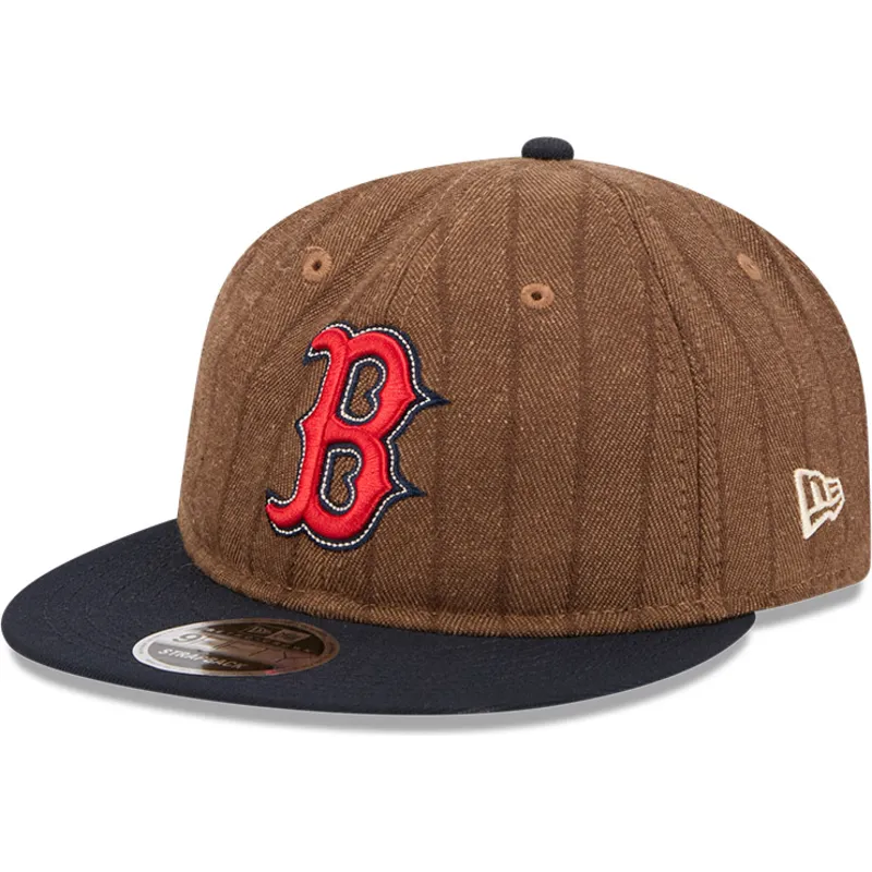 brun-och-marinbla-justerbar-platt-keps-9fifty-retro-crown-wool-pinstripe-fran-boston-red-sox-mlb-av-new-era