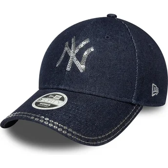 New Era New York Yankees MLB 9FORTY Sequin Denim justerbar marinblå kurvkeps för dam
