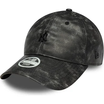 Justerbar svart böjd keps för kvinnor med svart logo 9TWENTY Worn PU av New York Yankees MLB från New Era