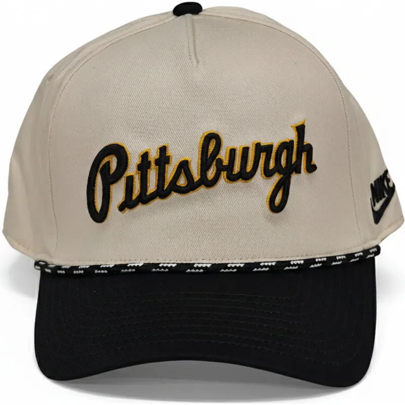 beige-och-svart-snapbackkeps-med-bojd-skarm-rise-structured-pittsburgh-pirates-mlb-fran-nike