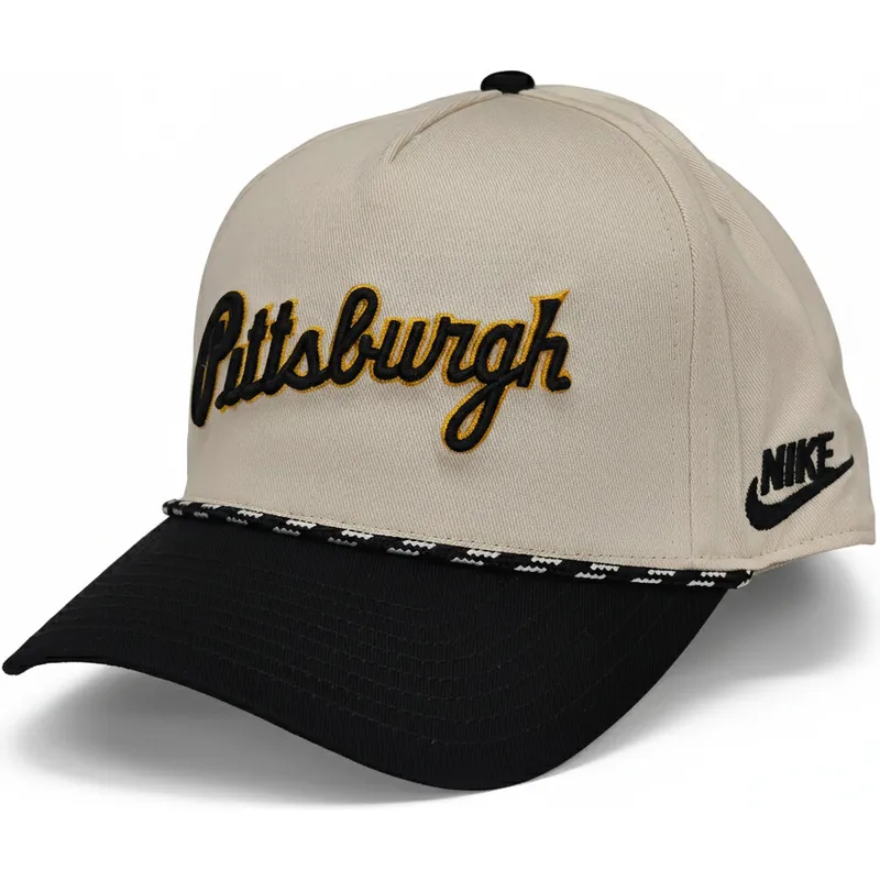 beige-och-svart-snapbackkeps-med-bojd-skarm-rise-structured-pittsburgh-pirates-mlb-fran-nike