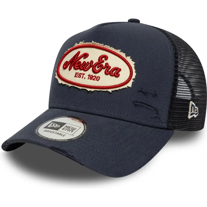 keps-trucker-marinbla-a-frame-oval-canvas-distress-fran-new-era