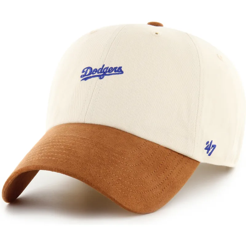 gorra-curva-beige-y-marron-ajustable-clean-up-mini-script-suede-visor-de-los-angeles-dodgers-mlb-de-47-brand