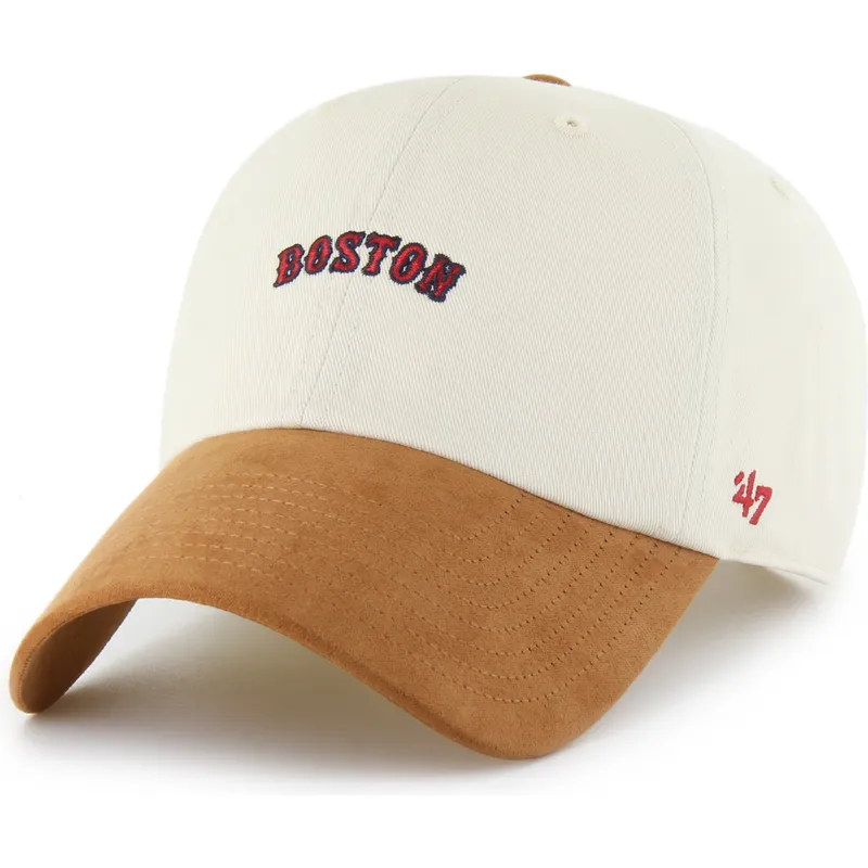 gorra-curva-beige-y-marron-ajustable-clean-up-mini-script-suede-visor-de-boston-red-sox-mlb-de-47-brand
