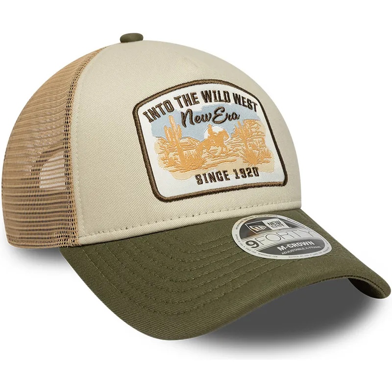 beige-och-gron-trucker-keps-9forty-m-crown-a-frame-fran-new-era
