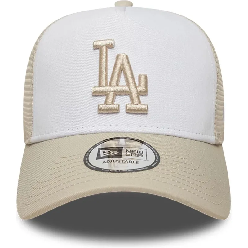 beige-och-vit-trucker-keps-med-beige-logotyp-a-frame-league-essential-fran-los-angeles-dodgers-mlb-av-new-era