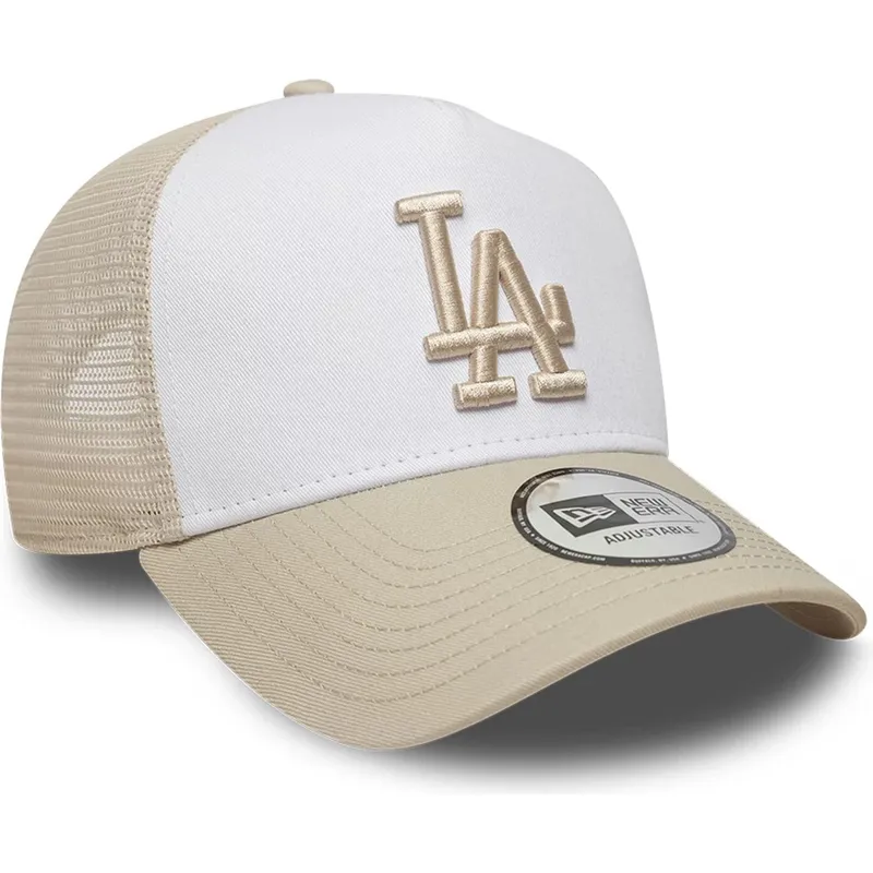 beige-och-vit-trucker-keps-med-beige-logotyp-a-frame-league-essential-fran-los-angeles-dodgers-mlb-av-new-era