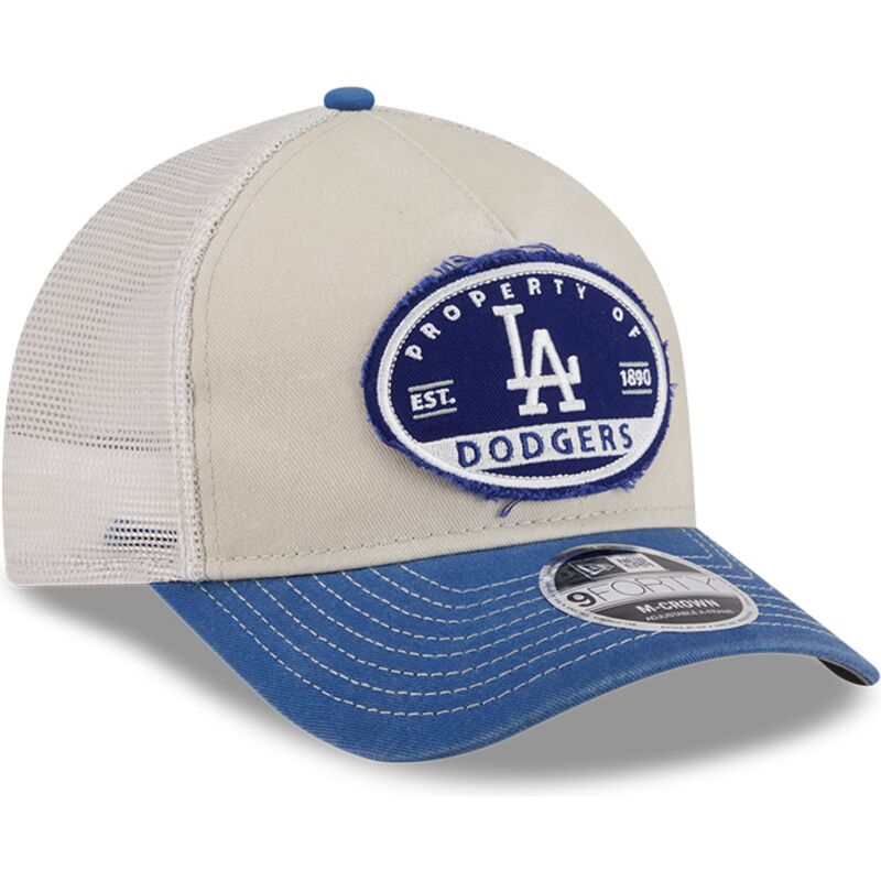 beige-och-bla-trucker-keps-9forty-m-crown-a-frame-fray-los-angeles-dodgers-mlb-fran-new-era