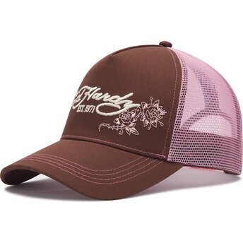 Kepsar böjd brun snapback rosa Skull And Roses av Ed Hardy