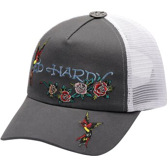 Kepsar böjd grå snapback Floral Swallow av Ed Hardy